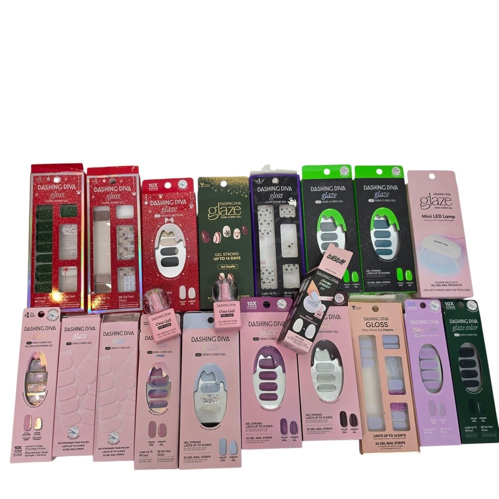 Dashing Diva Nail Strips Lot Multicolor Gloss Glaze W/ Top Coat Lamp Set READ